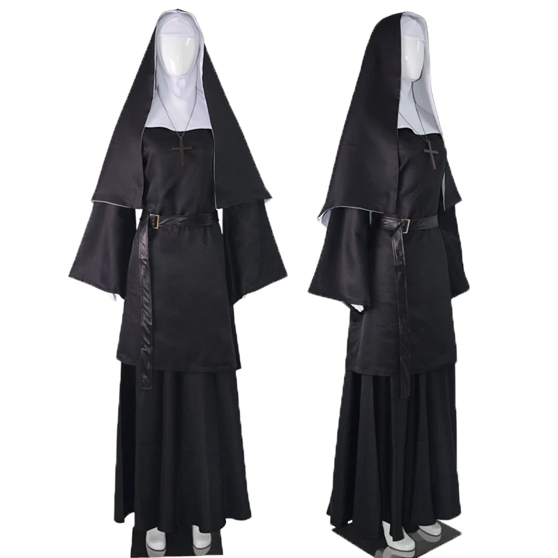 

Nun Cosplay Ghost Sister Black Long Dress Women Christian Missionary Catholic Halloween Costume Party Role Play