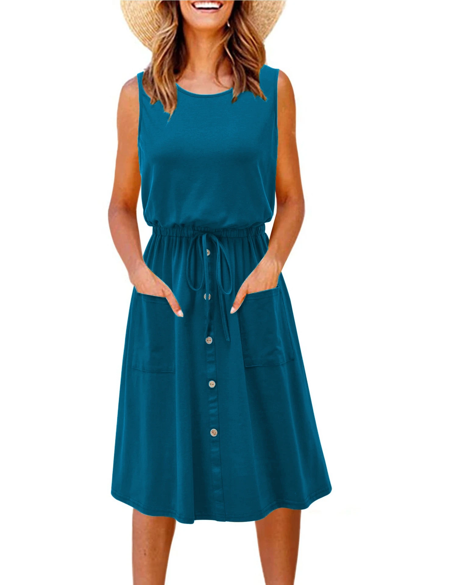 Женское платье-трапеция без рукавов, с круглым вырезом и эластичным поясом
Женское платье-трапеция без рукавов, с круглым вырезом и эластичным поясом