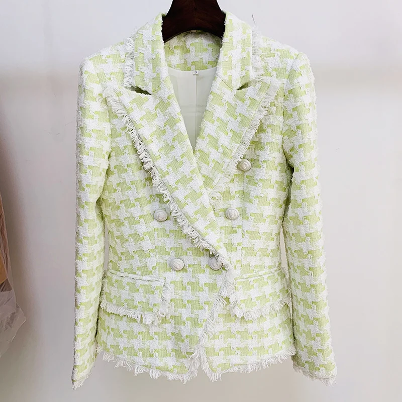 

HIGH STREET Newest 2022 Fall Winter Designer Jacket Women's Lion Buttons Tassel Fringed Houndstooth Blends Tweed Blazer Green