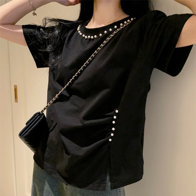 Irregular Beading O-neck 100% Cotton T Shirts Woman Summer Short Sleeve White Casual T-shirt Split Loose Black Tee Tops 26953 
Irregular Beading O-neck 100% Cotton T Shirts Woman Summer Short Sleeve White Casual T-shirt Split Loose Black Tee Tops 26953
