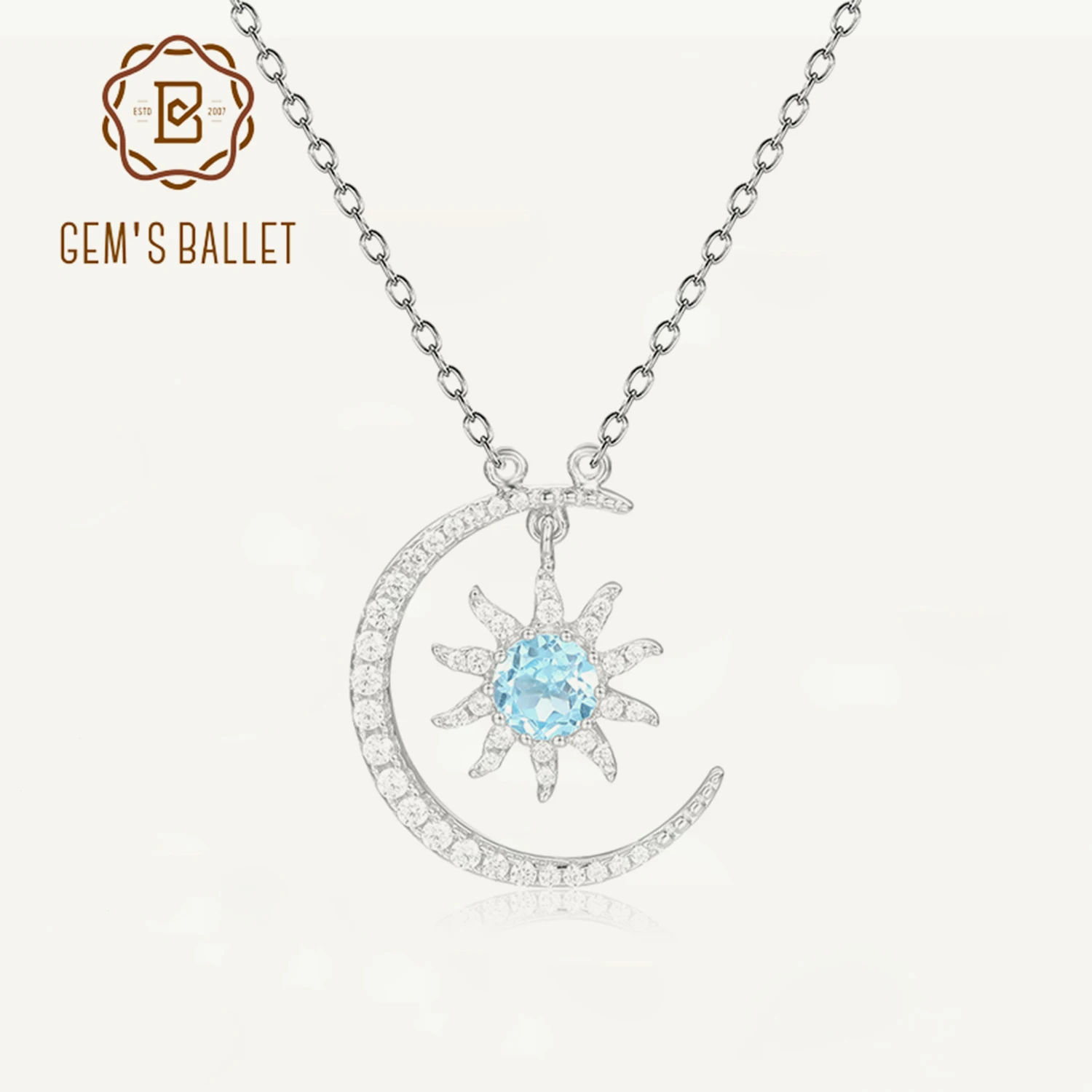 GEM'S BALLET 925 Sterling Silver Moon and Sun Pendant Neklace For Women WIth Natural Round Swiss Blue Topaz Fine Jewelry
GEM'S BALLET 925 Sterling Silver Moon and Sun Pendant Neklace For Women WIth Natural Round Swiss Blue Topaz Fine Jewelry