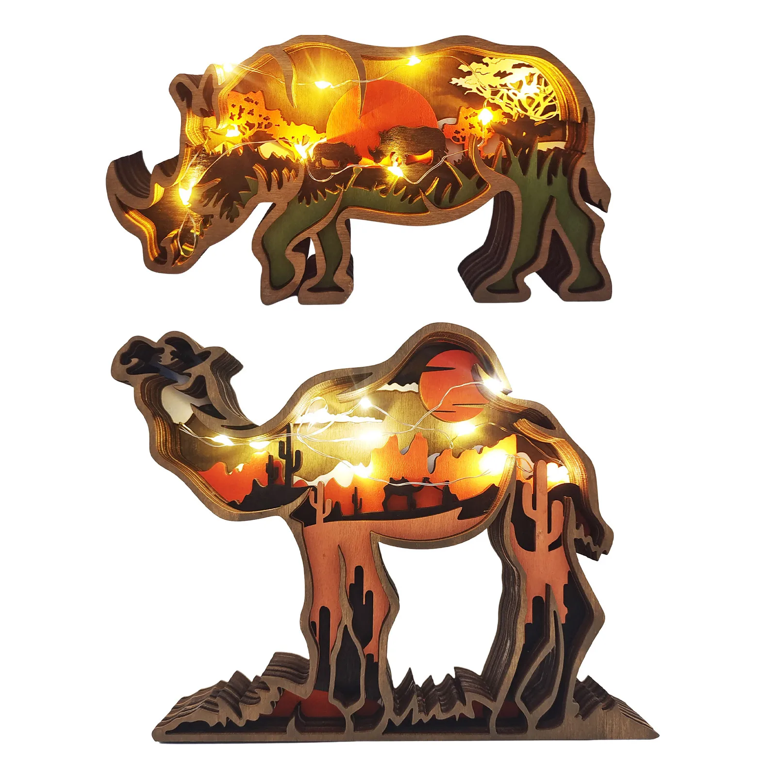 Creative 3D Wooden Carving Crafts Glowing Wood Ornament Desert Camel Prairie Rhino Shaped Desktop Ornament Home Decoration
Creative 3D Wooden Carving Crafts Glowing Wood Ornament Desert Camel Prairie Rhino Shaped Desktop Ornament Home Decoration