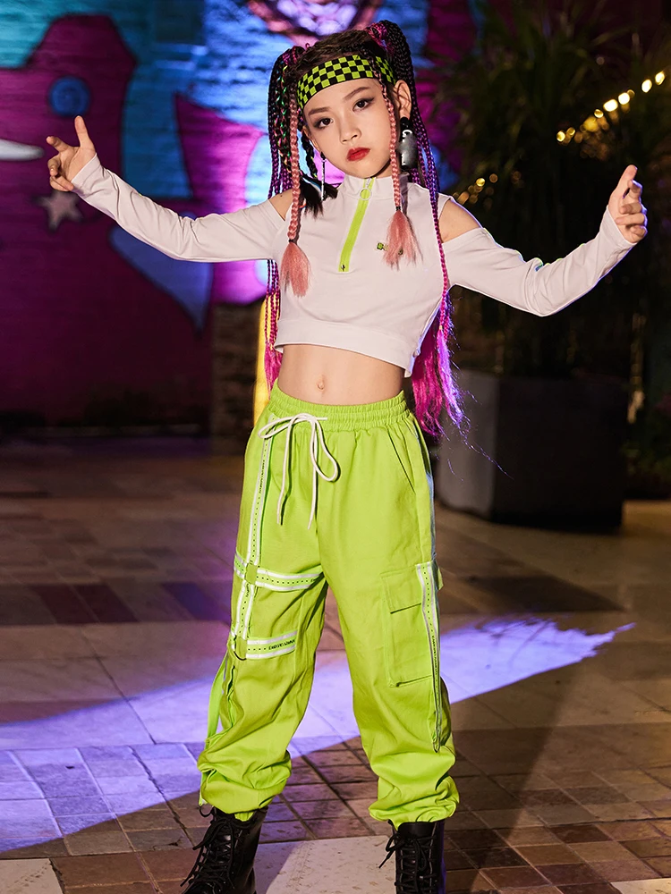 Children Hip Hop Dance Clothing For Girls White Crop Tops Loose Green Pants Street Dance Outfits Jazz Performance Wear 120-170
Children Hip Hop Dance Clothing For Girls White Crop Tops Loose Green Pants Street Dance Outfits Jazz Performance Wear 120-170