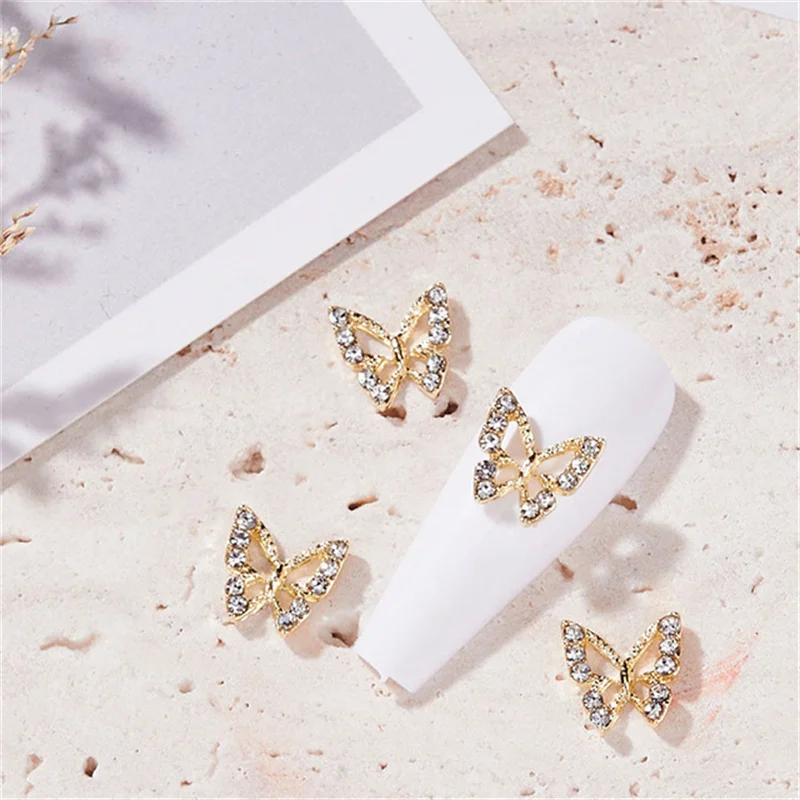 

10Pcs Butterfly Alloy Nail Art Jewelry Charm 3D Butterfly Gold Silver Zircon Diamond Nail Art Decora DIY Meatl Nails Accessories