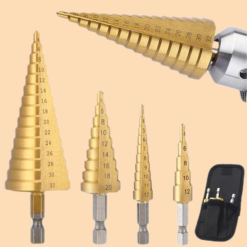 

Straight Groove Step Drill Bit Set 4-12mm 4-20mm 4-32mm Titanium Coated Wood Metal Hole Cutter HSS Core Cone Stepped Drill Bits
