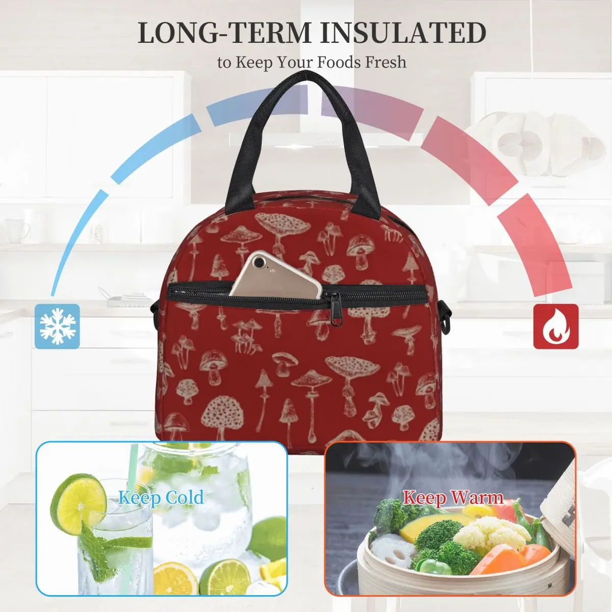 

Various Mushrooms Lunch Bag with Handle Magic Mushroom Print Meal Cooler Bag Wholesale Fancy Zipper Car Thermal Bag