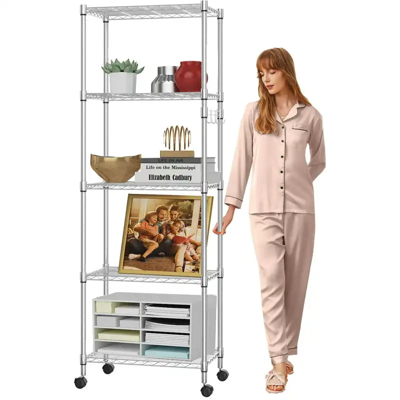 

Tier Shelf Wire Shelving Units 72'' Storage Rack Height Adjsutable Metal Shelves Standing Rack with 4 Hooks and Wheels for Home