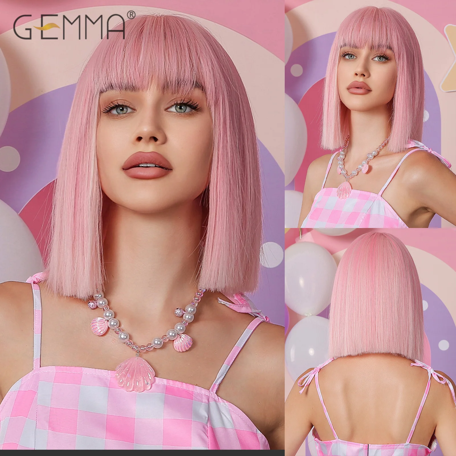 

GEMMA Pink Cosplay Wig with Bangs Synthetic Short Bone Straight Wigs for Women Natural Bob Hair Lolita Daily Wig Heat Resistant