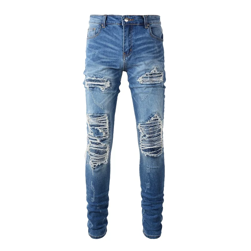 New Arrival Men's Light Blue Ripped Streetwear Fashion Distressed Skinny Stretch Destroyed Tie Dye Bandana Ribs Patches Jeans 
New Arrival Men's Light Blue Ripped Streetwear Fashion Distressed Skinny Stretch Destroyed Tie Dye Bandana Ribs Patches Jeans