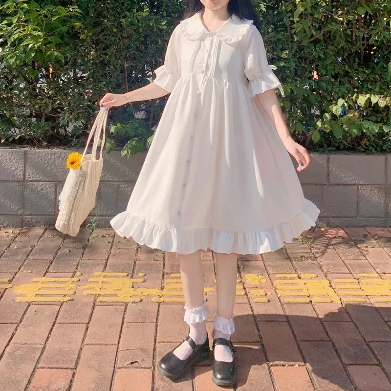 Lolita Style Dresses for Women 2022 Kawaii Peter Pan Collar White Women's Summer Dress Short Sleeve Flounced Edge Women's Dress
Lolita Style Dresses for Women 2022 Kawaii Peter Pan Collar White Women's Summer Dress Short Sleeve Flounced Edge Women's Dress