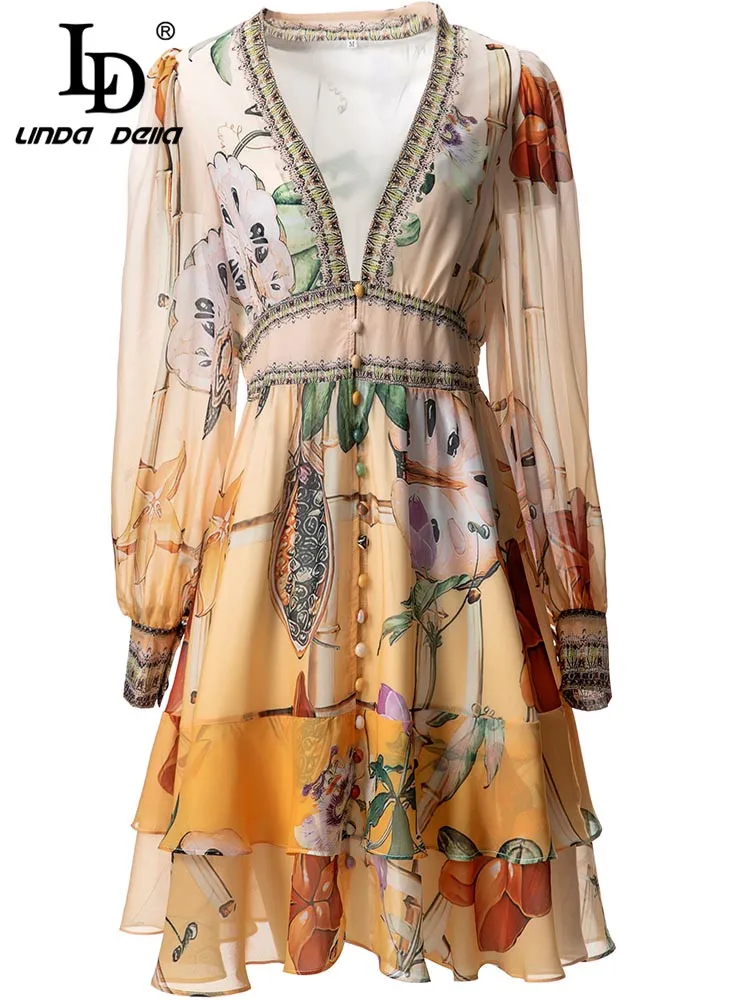 

LD LINDA DELLA 2023 New Fashion Runway Spring Short Dress Womens V-neck Lantern sleeve Print Ruffles Party Mini Dresses