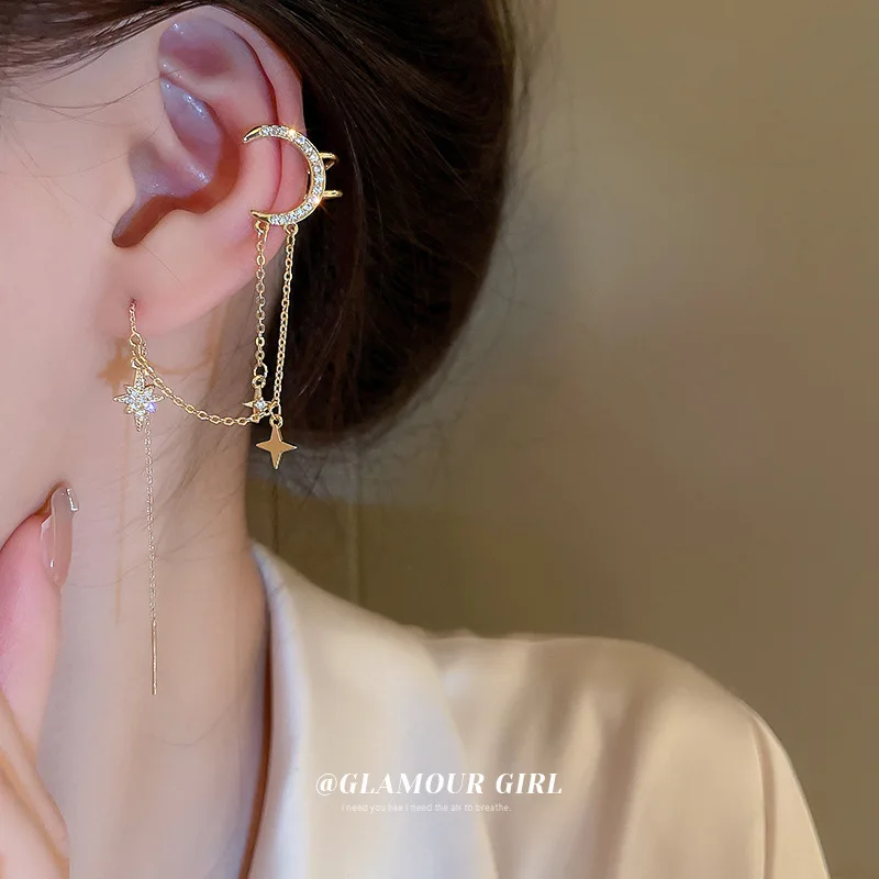 Real Gold Electroplating Silver Needle Zircon Moon Star Tassel Ear Clip Thread Korean Design Earrings Small Female
Real Gold Electroplating Silver Needle Zircon Moon Star Tassel Ear Clip Thread Korean Design Earrings Small Female