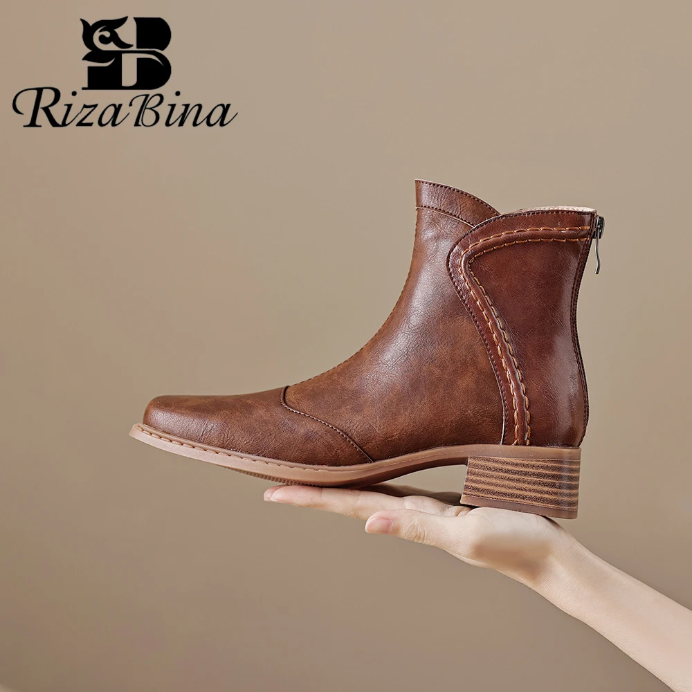 

RIZABINA Women Genuine Cow Leather Western Boots Chunky Heel Square Toe Zipper Ankle Boots Soild Color Retro Cowboy Boots Winter