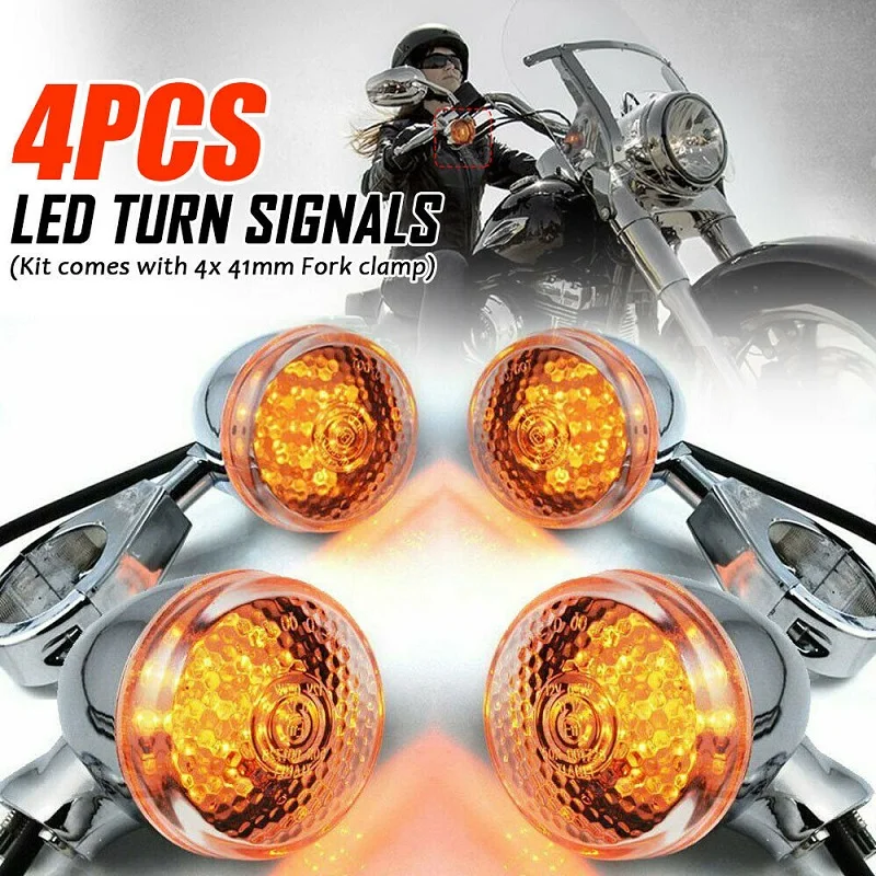4Pcs Motorcycle Front Rear Fork Clamp LED Turn Signal Lights For Harley Chrome and Black Housing 41mm Indicator Lamps Replace
4Pcs Motorcycle Front Rear Fork Clamp LED Turn Signal Lights For Harley Chrome and Black Housing 41mm Indicator Lamps Replace
