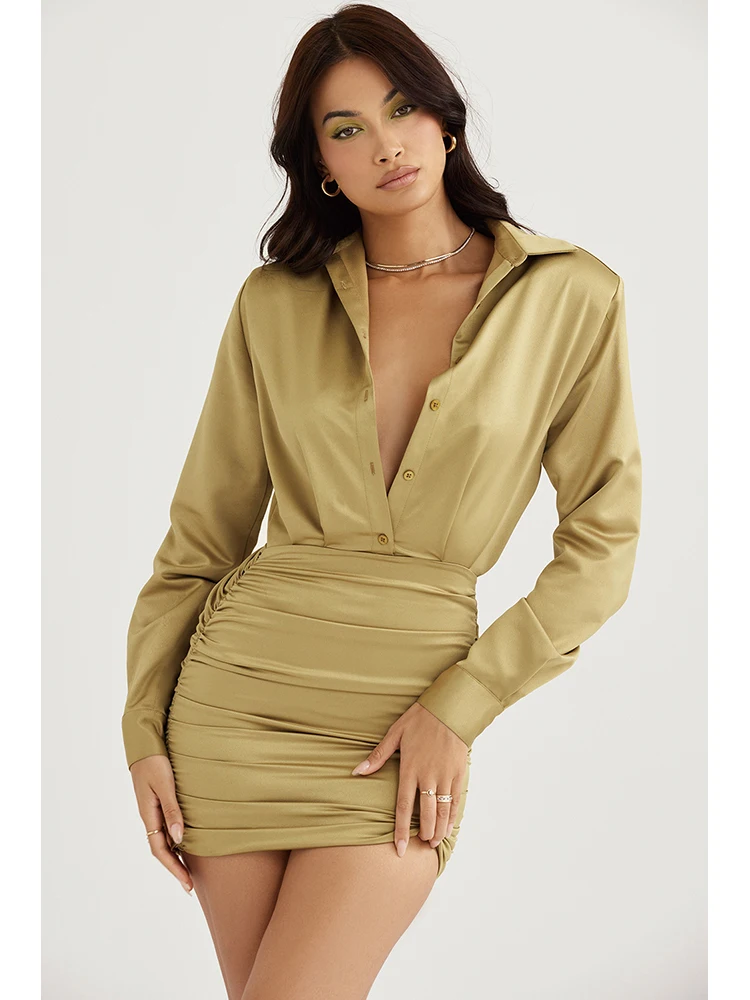 Elegant Long Sleeve Satin Draped Mini Party Dress Summer V Neck Ruched Shirt Dress Shirring Pleated Dress Evening Birthday Club
Elegant Long Sleeve Satin Draped Mini Party Dress Summer V Neck Ruched Shirt Dress Shirring Pleated Dress Evening Birthday Club