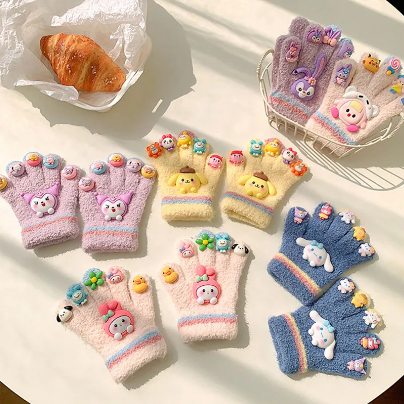 

Зимние милые Мультяшные Sanrio Hellokittyed Kuromi My Melody перчатки детские Мультяшные с пятью пальцами бархатные перчатки для девочек