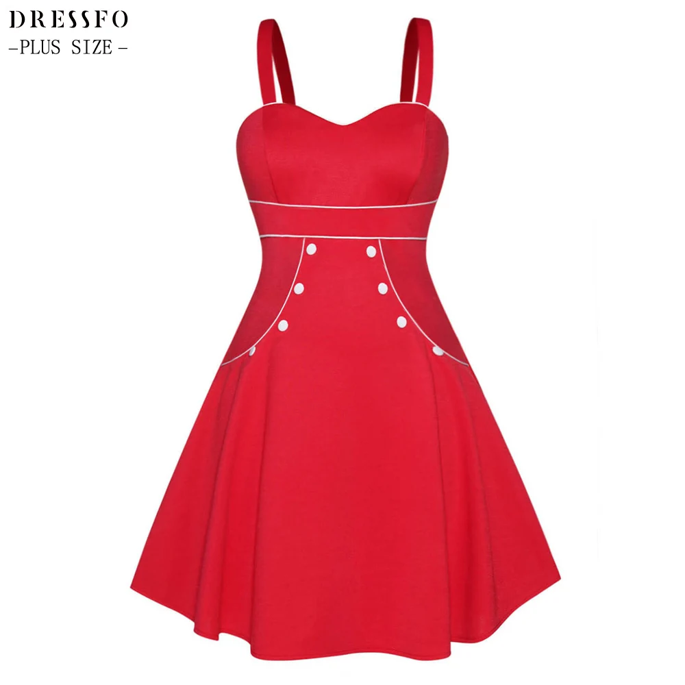 

Dressfo A-Line Dress Plus Size Slip Skirt Fake Button Contrast Piping Mini Sleeveless High Waist Curve Solid Color Sexy Dress