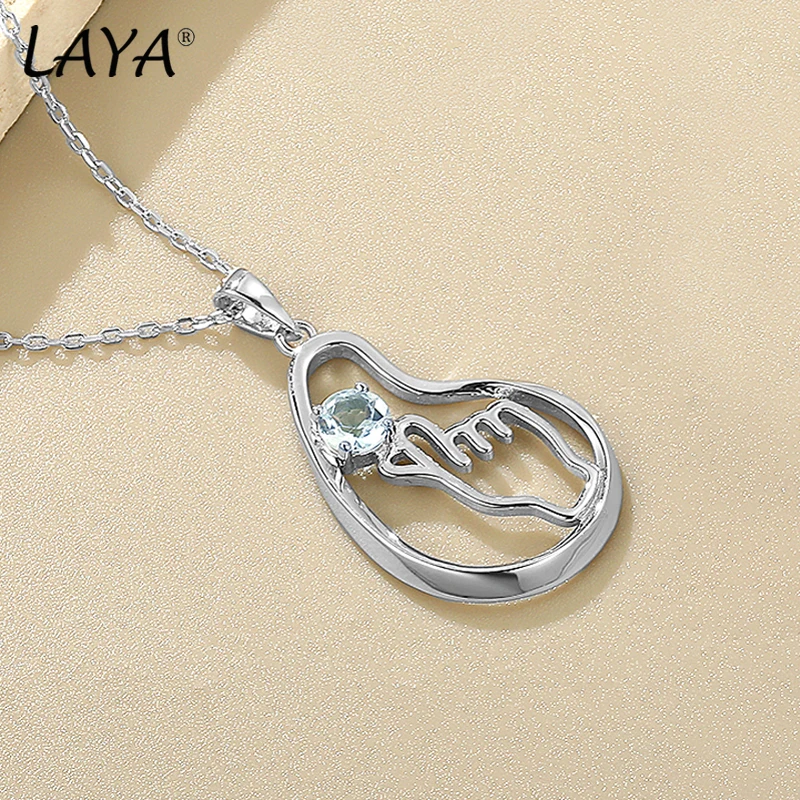 

LAYA Pendant Necklace For Women Blue Gemstone 5mm Natural Sky Blue Topaz 925 Sterling Silver Than Heart Hand Luxury Fine Jewelry