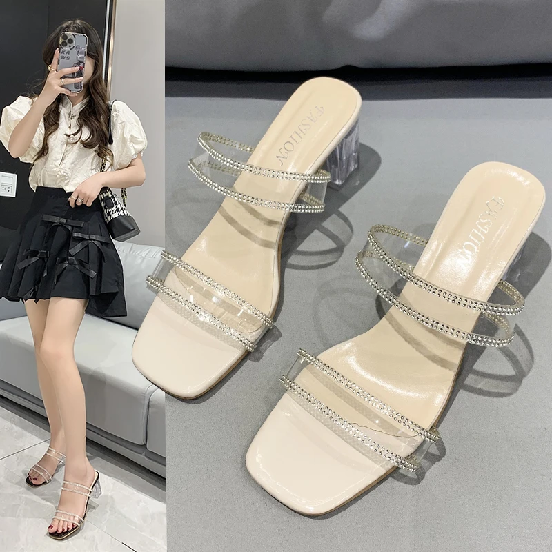 

Босоножки Феи фэн-шуй с бриллиантами и открытым носком женская летняя новая прозрачная обувь на высоком толстом каблуке с кристаллами 2023
