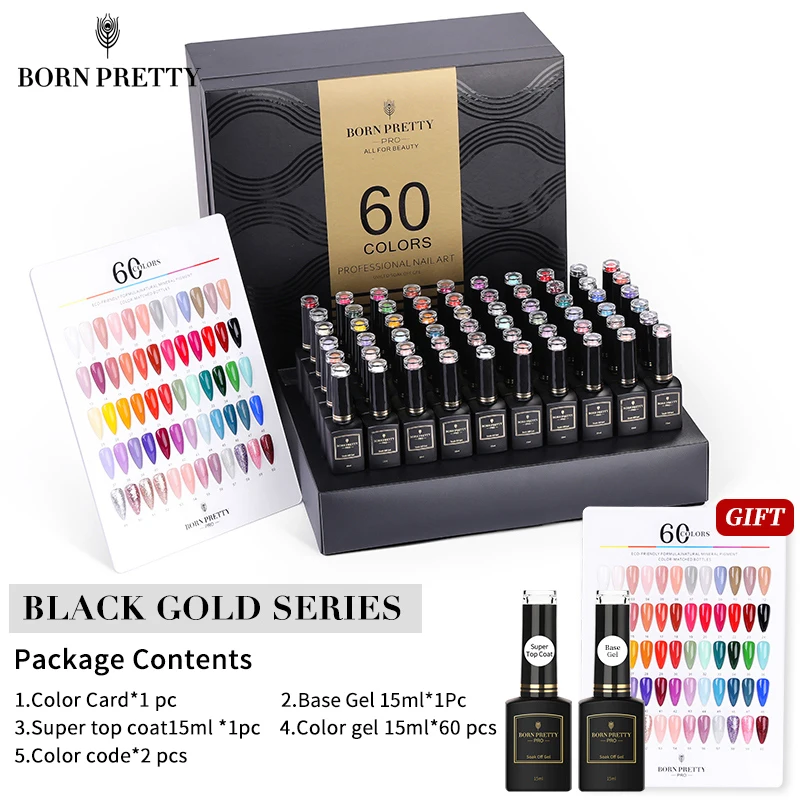 BORN PRETTY Pro 15ml Black Gold Series 60 Colors Gel Nail Polish Kit Nail Polish Collection Soak Off UV Gel with Base Top Coat
BORN PRETTY Pro 15ml Black Gold Series 60 Colors Gel Nail Polish Kit Nail Polish Collection Soak Off UV Gel with Base Top Coat