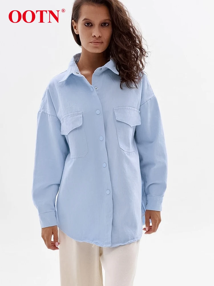 

Женская Офисная рубашка с длинным рукавом OOTN, синяя, рубашки с отложным воротником со стойкой, осенняя, джинсовая, однобортная, повседневная, 2023