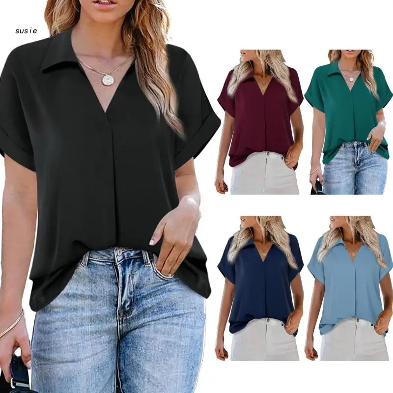 

X7YA Womens Roll-Up Short Sleeve Casual Loose Blouses Tunic Top Solid Color Lapel Collared V-Neck Pleated Curved Hem T-Shirts