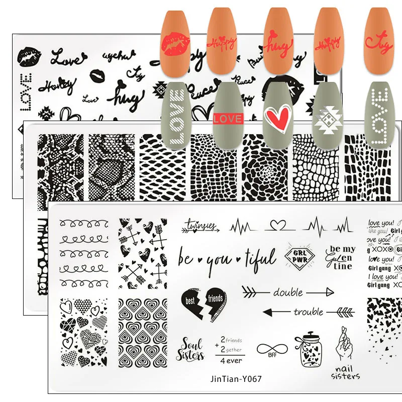 

New Cartoon Nail Stamping Plates Cat Leaves Flowers Heart Nail Art Templates Animals Snake Leopard Scale Wolf Crocodile Lizard