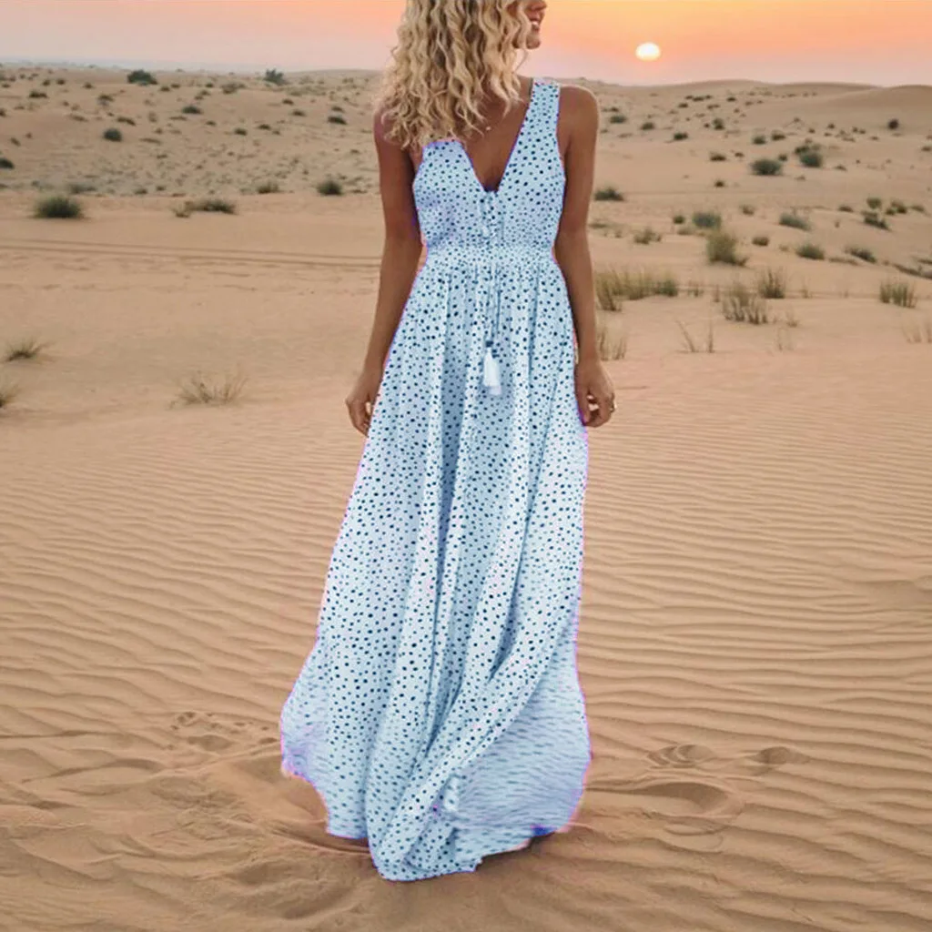 Beach Cover Up Dress Summer V-Neck Sleeveless Maxi Beach Polka Dot Bohemian Dresses for Women Floor-Length Printing
Beach Cover Up Dress Summer V-Neck Sleeveless Maxi Beach Polka Dot Bohemian Dresses for Women Floor-Length Printing