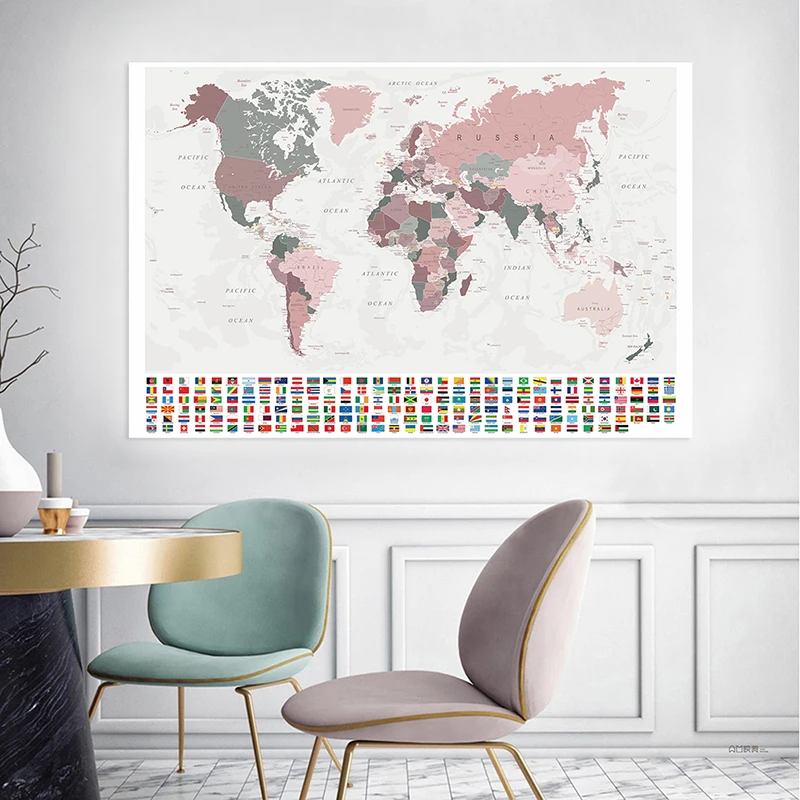 

225*150 см политическая карта мира с национальными флагами, ретро постер, виниловая Картина на холсте, домашний декор, детские школьные принадлежности