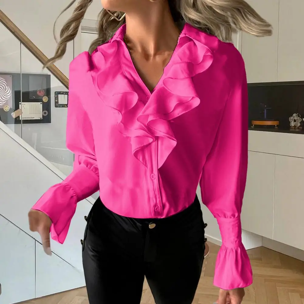Women Fall Spring Shirt V Neck Ruffle Long Sleeve Solid Color Single-breasted Puff Sleeve OL Commute Style Lady Elegant Blouse
Women Fall Spring Shirt V Neck Ruffle Long Sleeve Solid Color Single-breasted Puff Sleeve OL Commute Style Lady Elegant Blouse