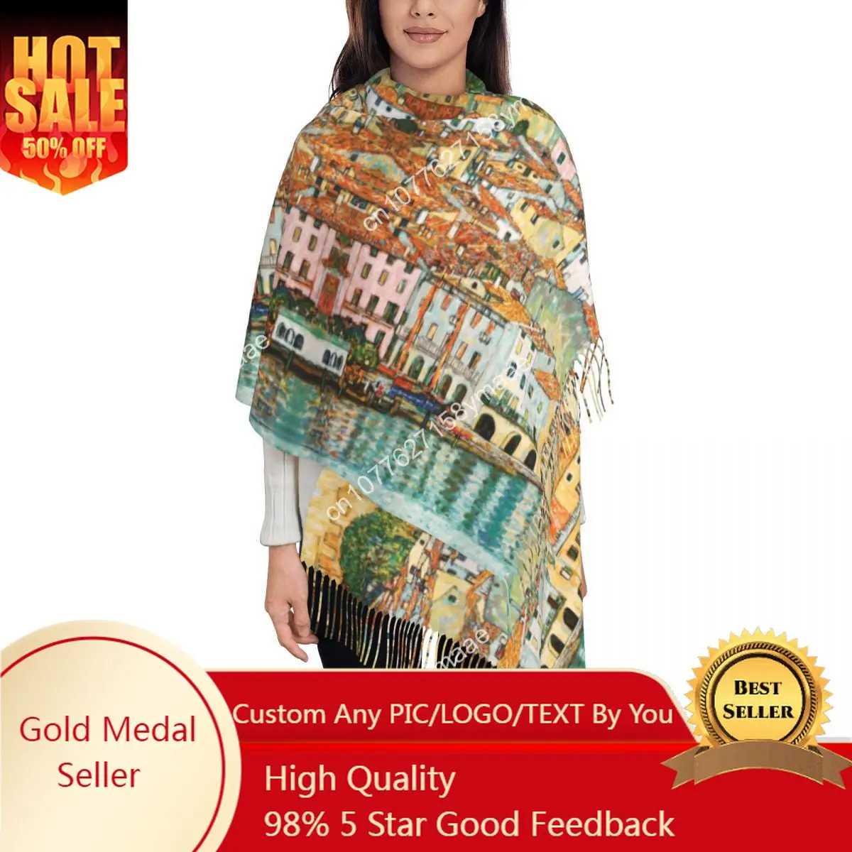 

Middle East Stylish Gustav Klimt Malcesine On Lake Garda Tassel Scarf Women Winter Warm Shawl Wrap Female Painting Art Scarves