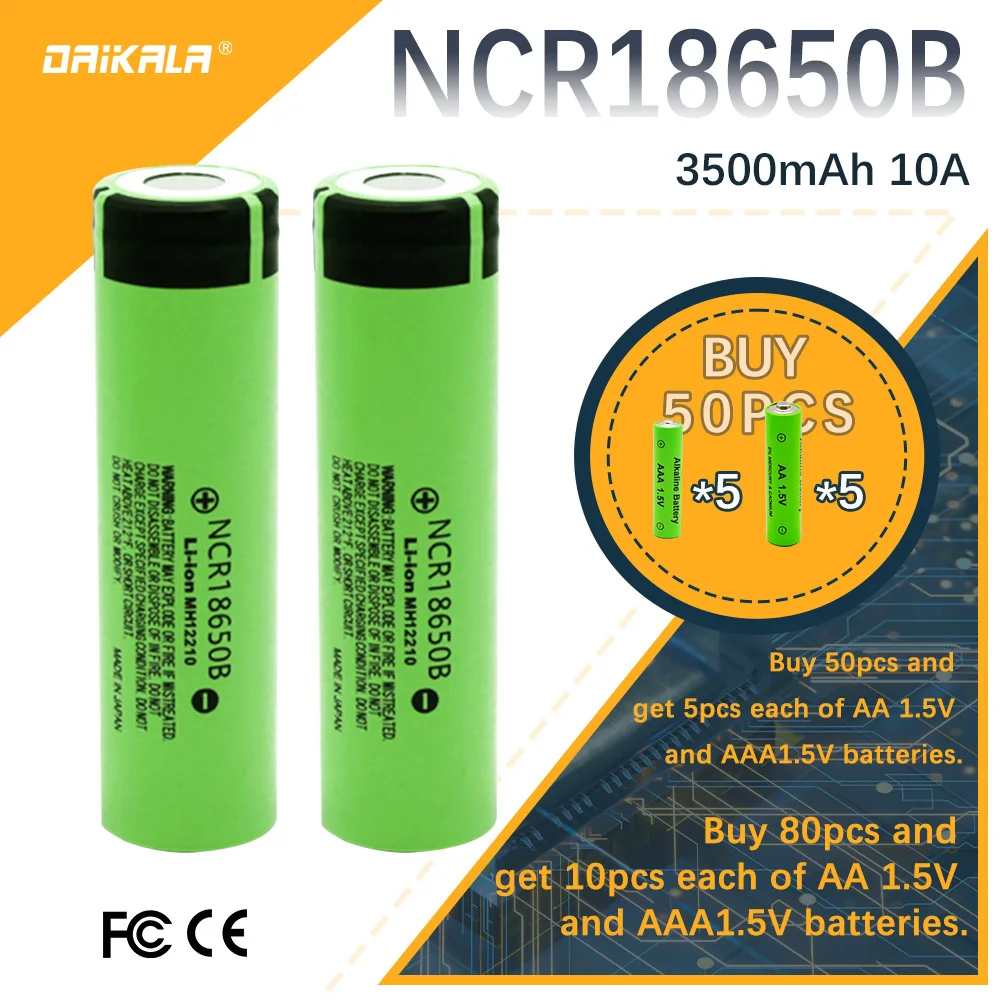

Daikala 50pcs/Pack NCR18650B 3.7V 3400mah 18650 Lithium Rechargeable Battery For Flashlight Toy Car Camera Batteries 10pcs Give