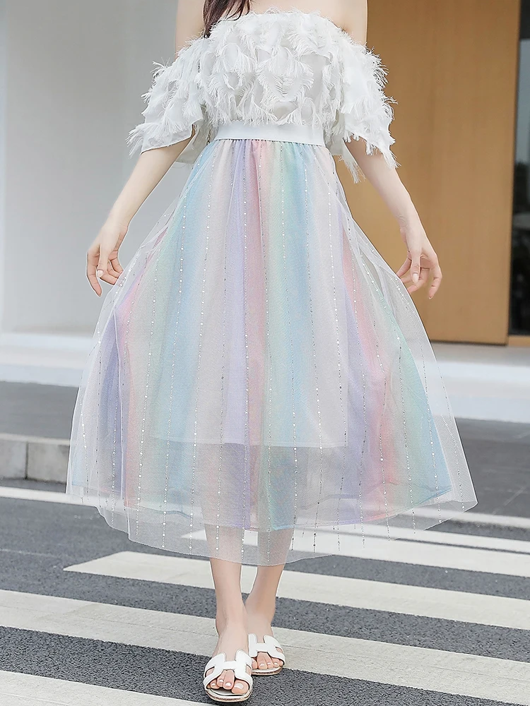 TIGENA Rainbow Print Tulle Long Skirt Women 2022 Summer Korean Fashion Sequined Aesthetic A Line High Waist Long Skirt Female
TIGENA Rainbow Print Tulle Long Skirt Women 2022 Summer Korean Fashion Sequined Aesthetic A Line High Waist Long Skirt Female