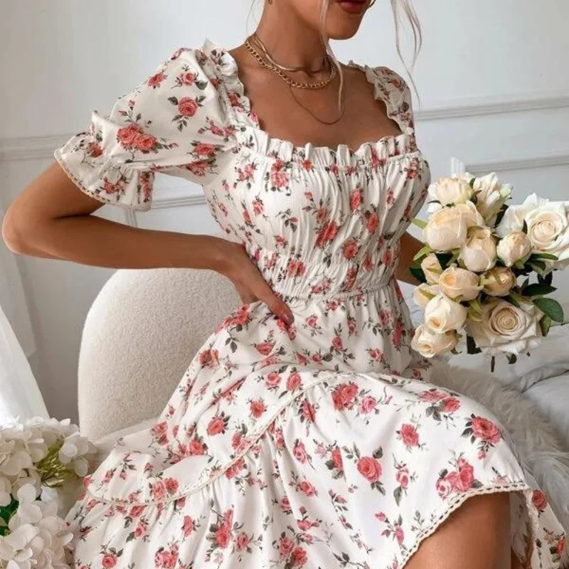 Women Flowers Puff Sleeve Dress Summer Party Vintage Elegant Square Collar High Split Midi Dress Summer A-Line 
Women Flowers Puff Sleeve Dress Summer Party Vintage Elegant Square Collar High Split Midi Dress Summer A-Line