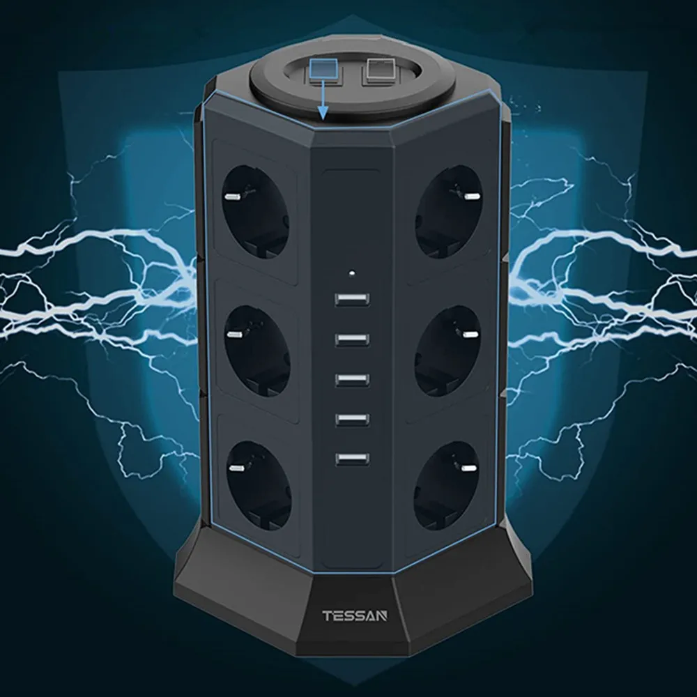 TESSAN Multi-tap Vertical Tower Power Strip Surge Protector with 12 Outlets 5 USB 2M Cable European Multi Plug Extension Socket
TESSAN Multi-tap Vertical Tower Power Strip Surge Protector with 12 Outlets 5 USB 2M Cable European Multi Plug Extension Socket