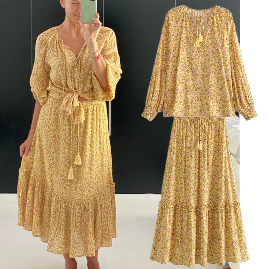 Maxdutti High Waist A-line Midi Skirts Indie Folk Vintage Yellow Floral Print Rayon Cotton Tassles Blouse Sets Women
Maxdutti High Waist A-line Midi Skirts Indie Folk Vintage Yellow Floral Print Rayon Cotton Tassles Blouse Sets Women