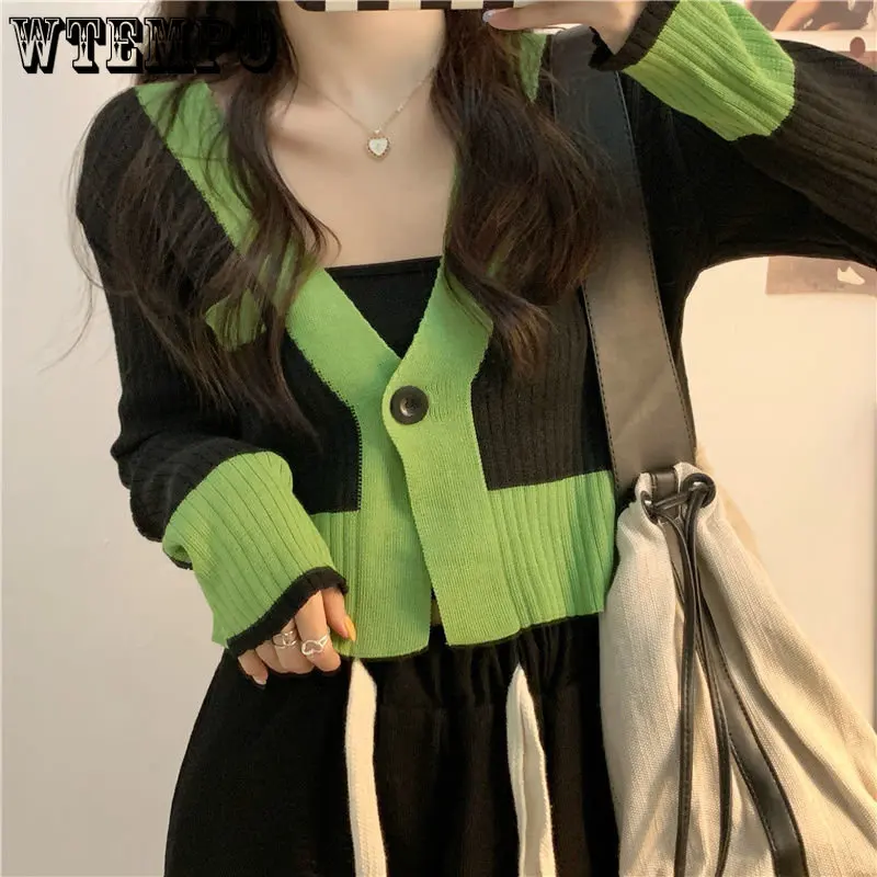 

WTEMPO Cropped Cardigan Women V Neck Covered Button Spliced Stretch Thin Spring Long Sleeve Knitted Tops Colorblock Lady Sweater