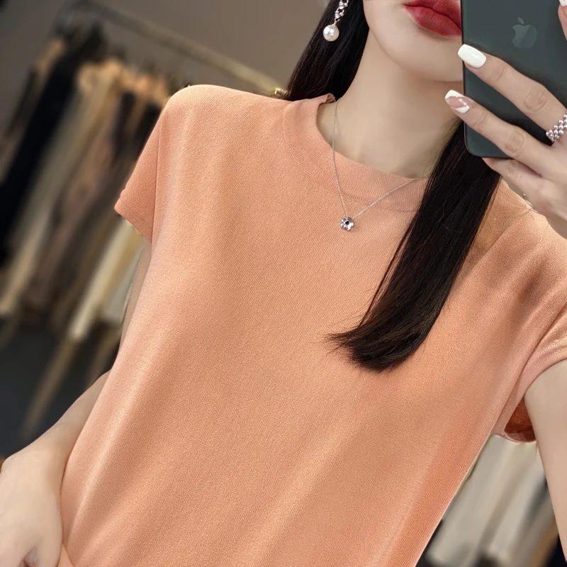 MOONYUEFA Summer New Ice Silk O-Neck Pullover T-Shirt Women's Thin Sweater Short Sleeve Curved Beads Comfortable Top
MOONYUEFA Summer New Ice Silk O-Neck Pullover T-Shirt Women's Thin Sweater Short Sleeve Curved Beads Comfortable Top