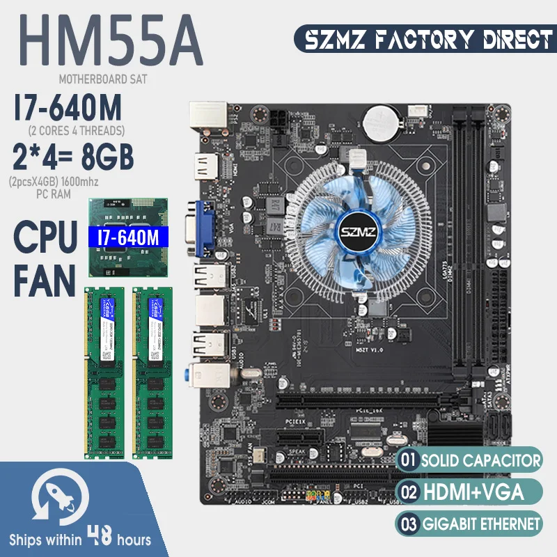SZMZ HM55A материнская плата 989 PGA комплект с Pentium I7 640M процессор 8 Гб (2*4 Гб) DDR3 PC RAM