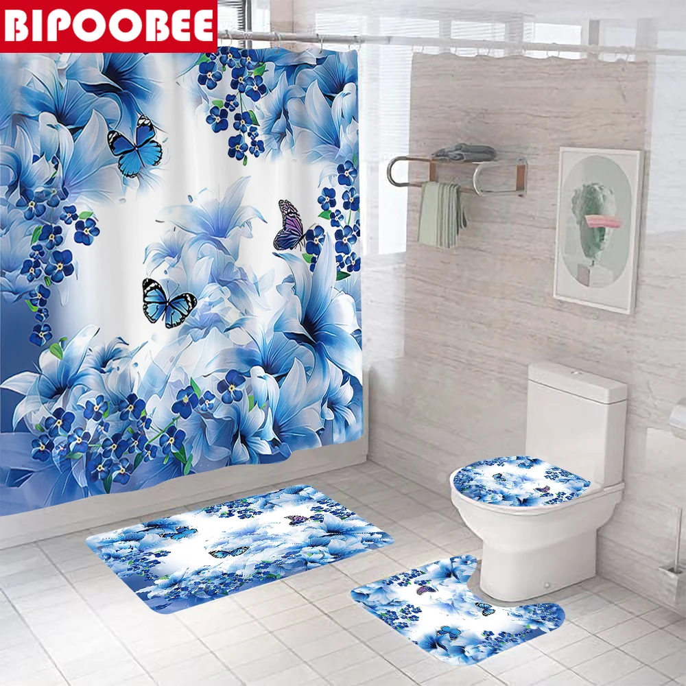 180*180cm Shower Curtain Blue Butterfly Rose Bathroom Curtains Set Bath Mats Rugs Toilet Lid Cover Anti-slip Pedestal Carpet
180*180cm Shower Curtain Blue Butterfly Rose Bathroom Curtains Set Bath Mats Rugs Toilet Lid Cover Anti-slip Pedestal Carpet