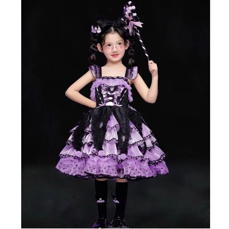 

Платье принцессы Sanrios с аниме Kuromi Lolita, милое платье на бретелях для девочек, мультяшное милое летнее и осеннее детское пушистое платье, подарок