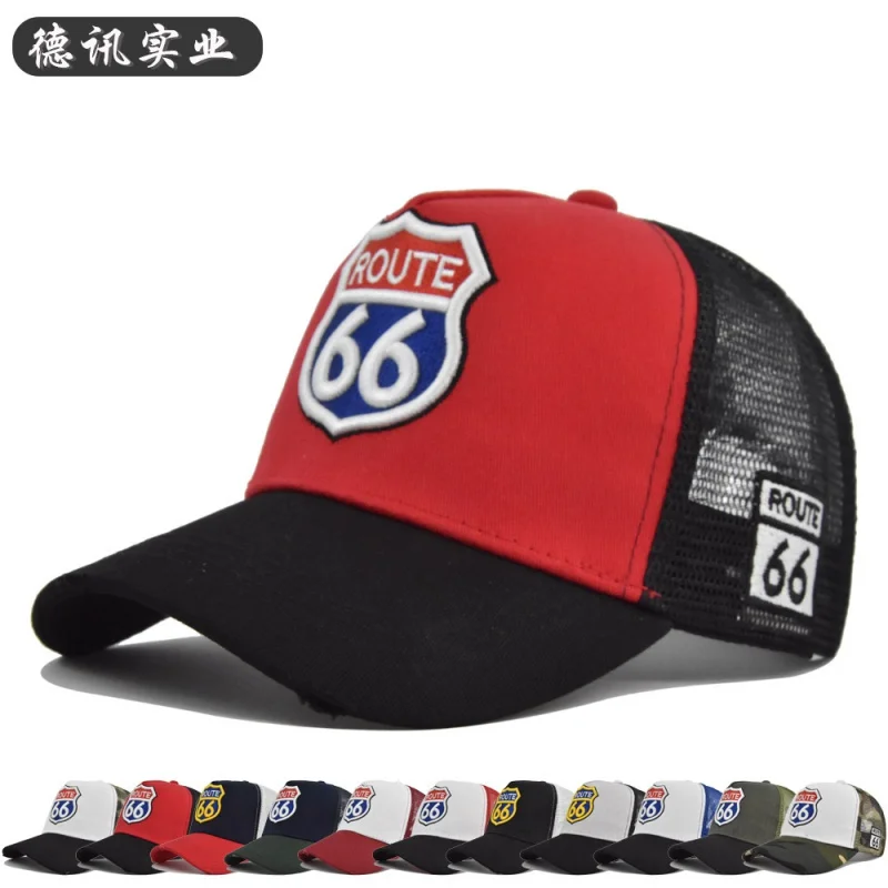 

Cross-Border Embroidered Baseball Cap No. 66 Highway Three-Dimensional Embroidered Peaked Cap Mesh Fitted Cap Curved Brim Sun Ha