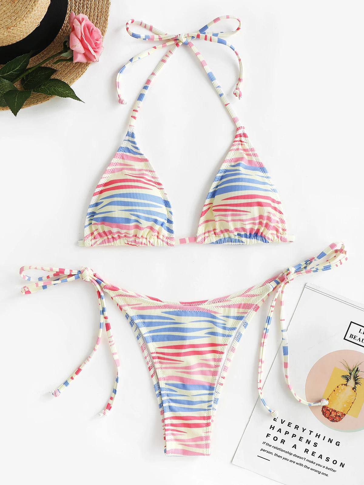 

ZAFUL Ribbed Colored Zebra Print String Bikini Swimwear