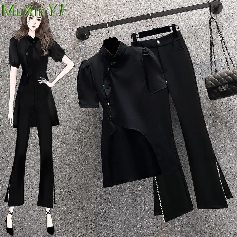 Summer Chinese Style Vintage Women Clothing Lady Slim Black Long Tops Flare Pearl Pants Two Piece Set Short Sleeve Trousers Suit
Summer Chinese Style Vintage Women Clothing Lady Slim Black Long Tops Flare Pearl Pants Two Piece Set Short Sleeve Trousers Suit