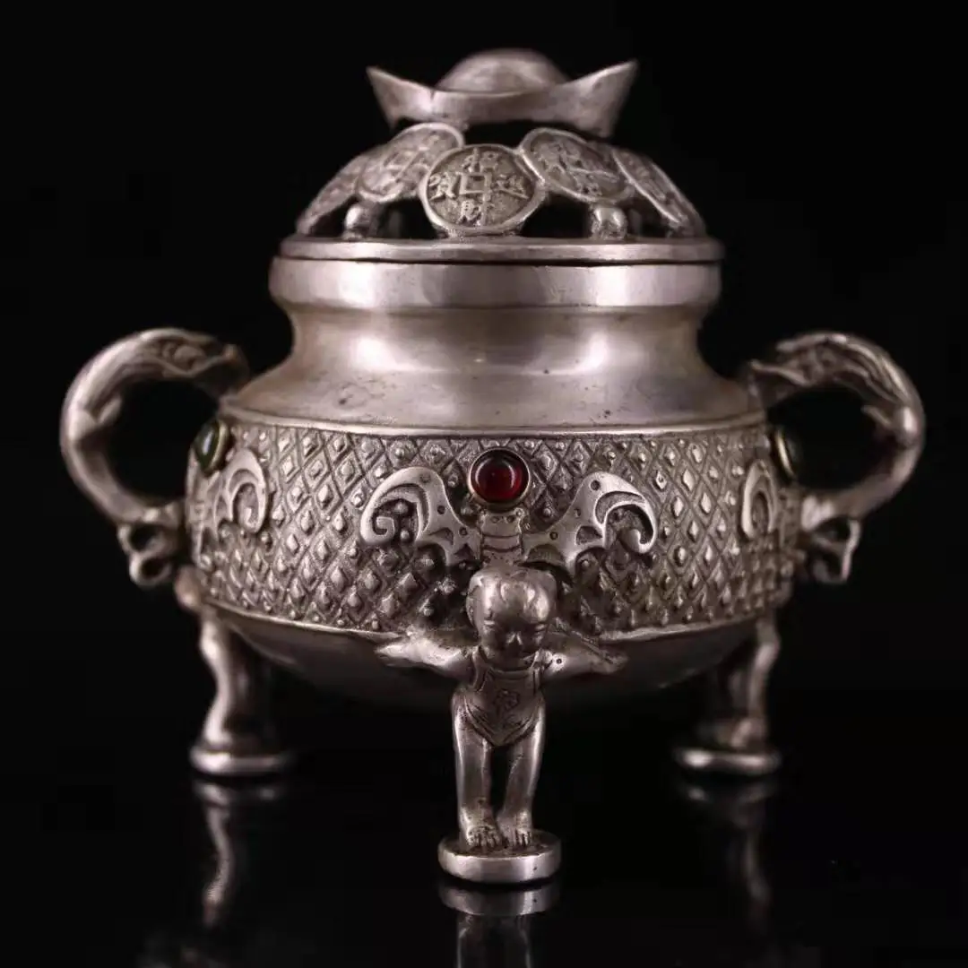 

Chinese Exquisite Pure Copper Gilt Silver Stone Inlaid Fortune Censer Home Crafts Living Room Furniture Decoration