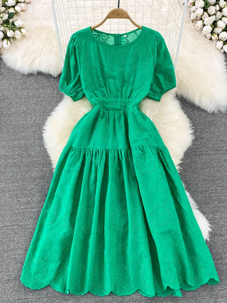 Summer Korean Retro Round Neck Hollow Wrinkle High Waist Thin A-line Dress Seaside Holiday Big Swing Long Vestidos Woman D1421
Summer Korean Retro Round Neck Hollow Wrinkle High Waist Thin A-line Dress Seaside Holiday Big Swing Long Vestidos Woman D1421