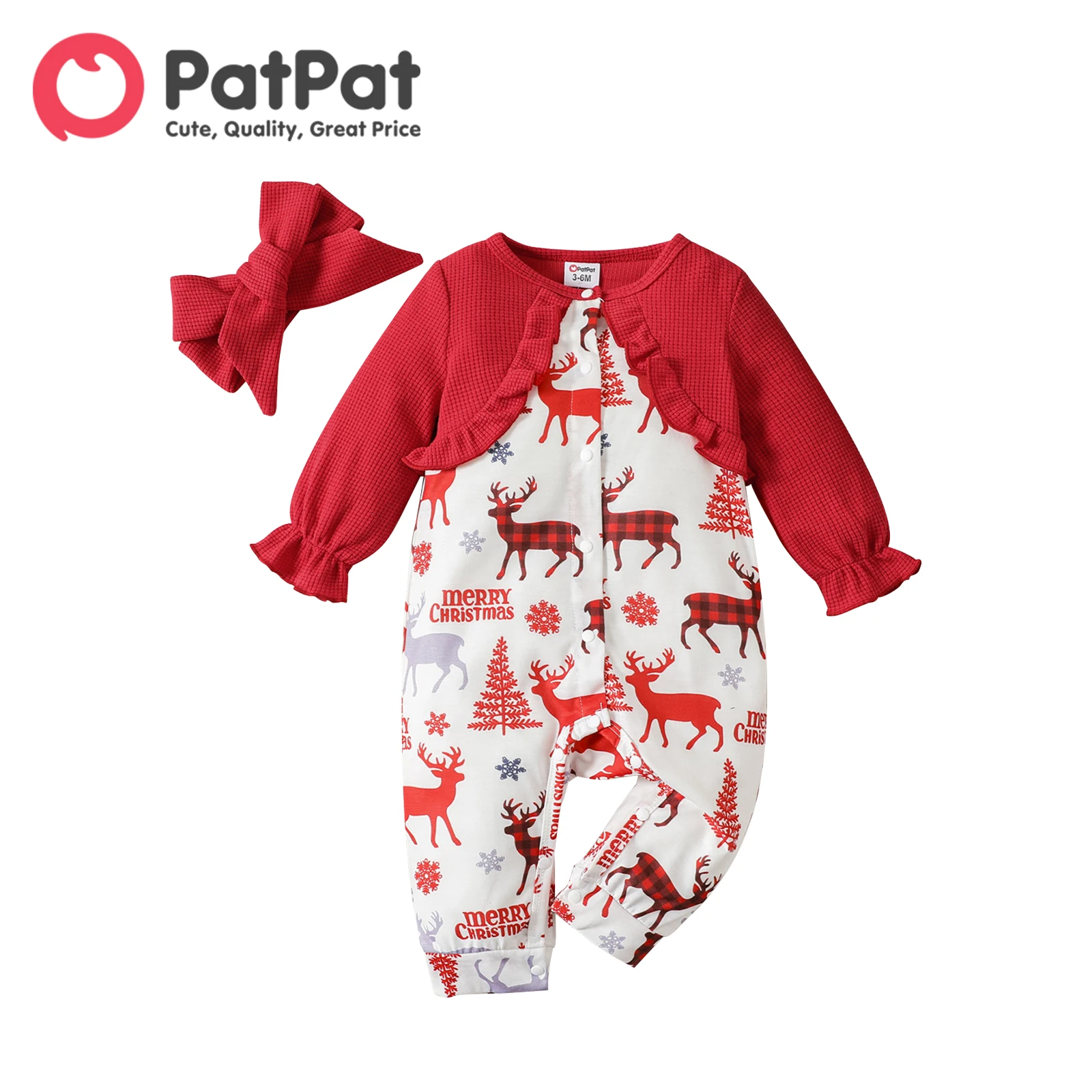 

PatPat Christmas 2pcs Baby Girl Solid Waffle Textured Long-sleeve Faux-two Allover Print Button Front Jumpsuit with Headband Set