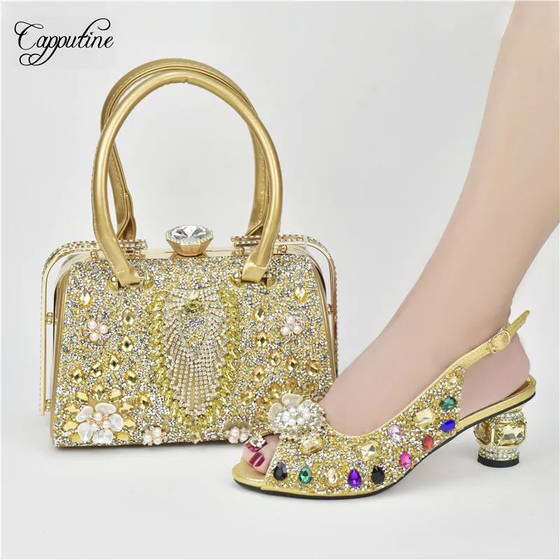 Luxury Gold Women Shoes And Bag Set Stones Sandals Purse African Summer High Heels Pumps Matching With Handbag Clutch 938-16A
Luxury Gold Women Shoes And Bag Set Stones Sandals Purse African Summer High Heels Pumps Matching With Handbag Clutch 938-16A
