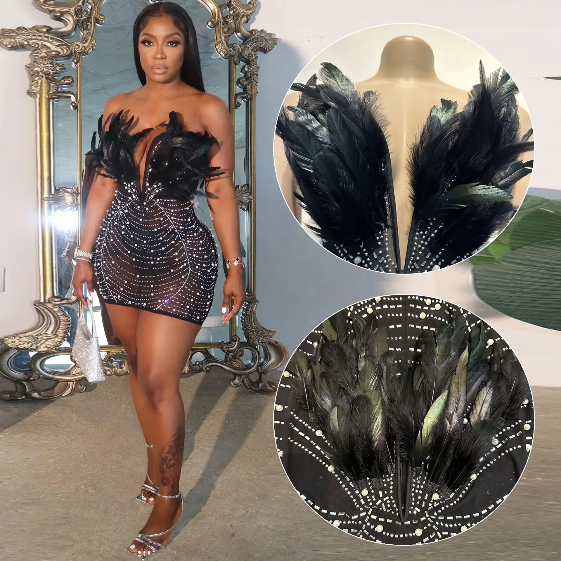 Elegant Dresses Summer Feather Patchwork Rhinestone Pearls Mesh Mini Dress Strapless Bodycon Party Club Sexy Luxury Vestidos
Elegant Dresses Summer Feather Patchwork Rhinestone Pearls Mesh Mini Dress Strapless Bodycon Party Club Sexy Luxury Vestidos