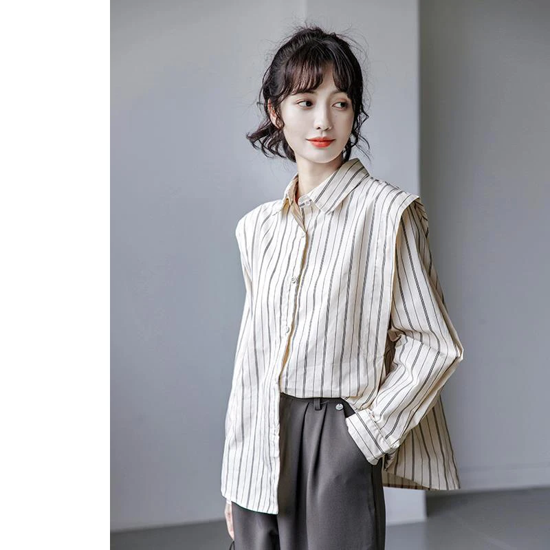 

Vertical striped shirt women's long-sleeved spring and autumn design niche fashion 2022 autumn new Hong Kong style early autumn